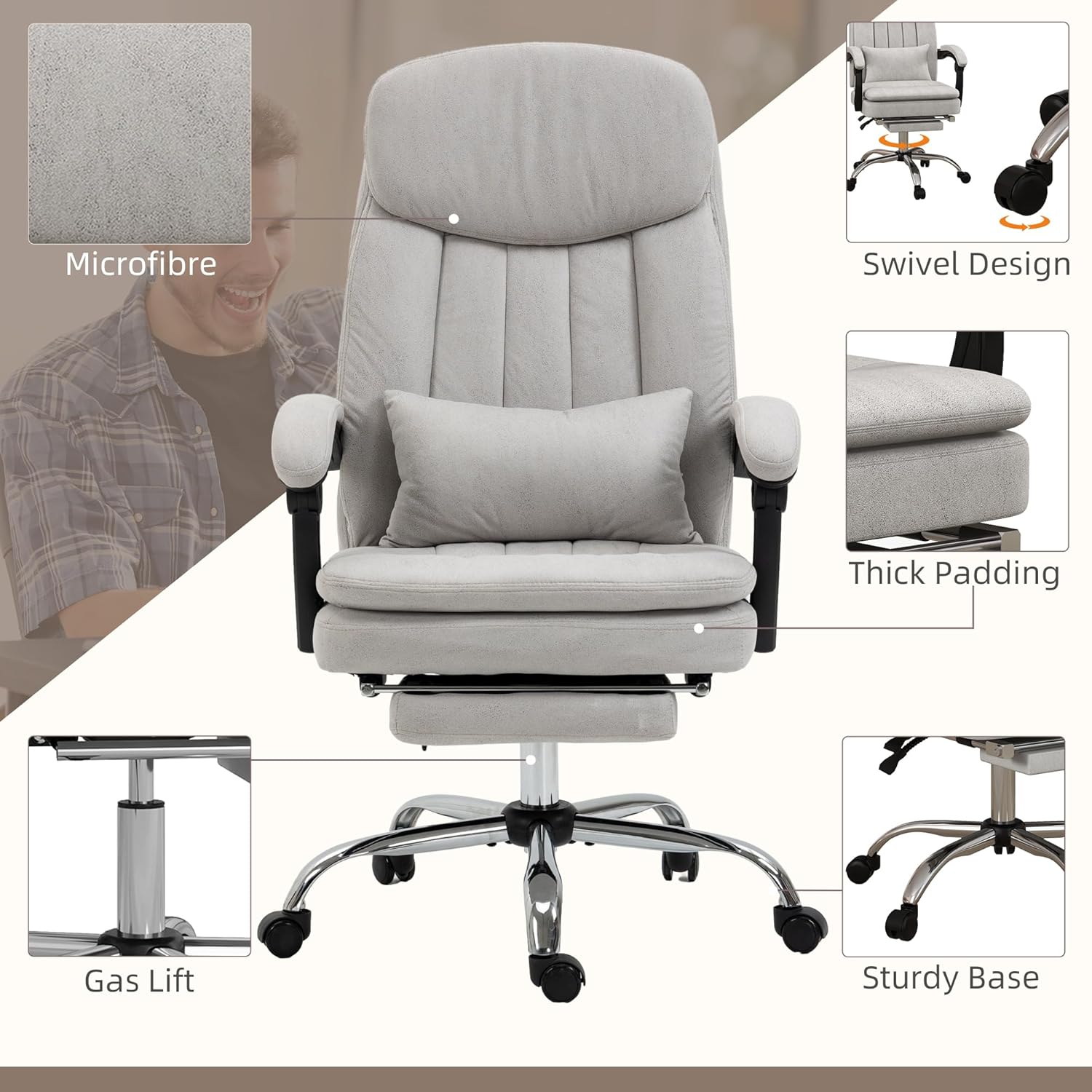Executive Massage Office Chair, Swivel Computer Desk Chair, Microfibre Heated Reclining Computer PU Leather Chair with Lumbar Support Pillow, Light Gray