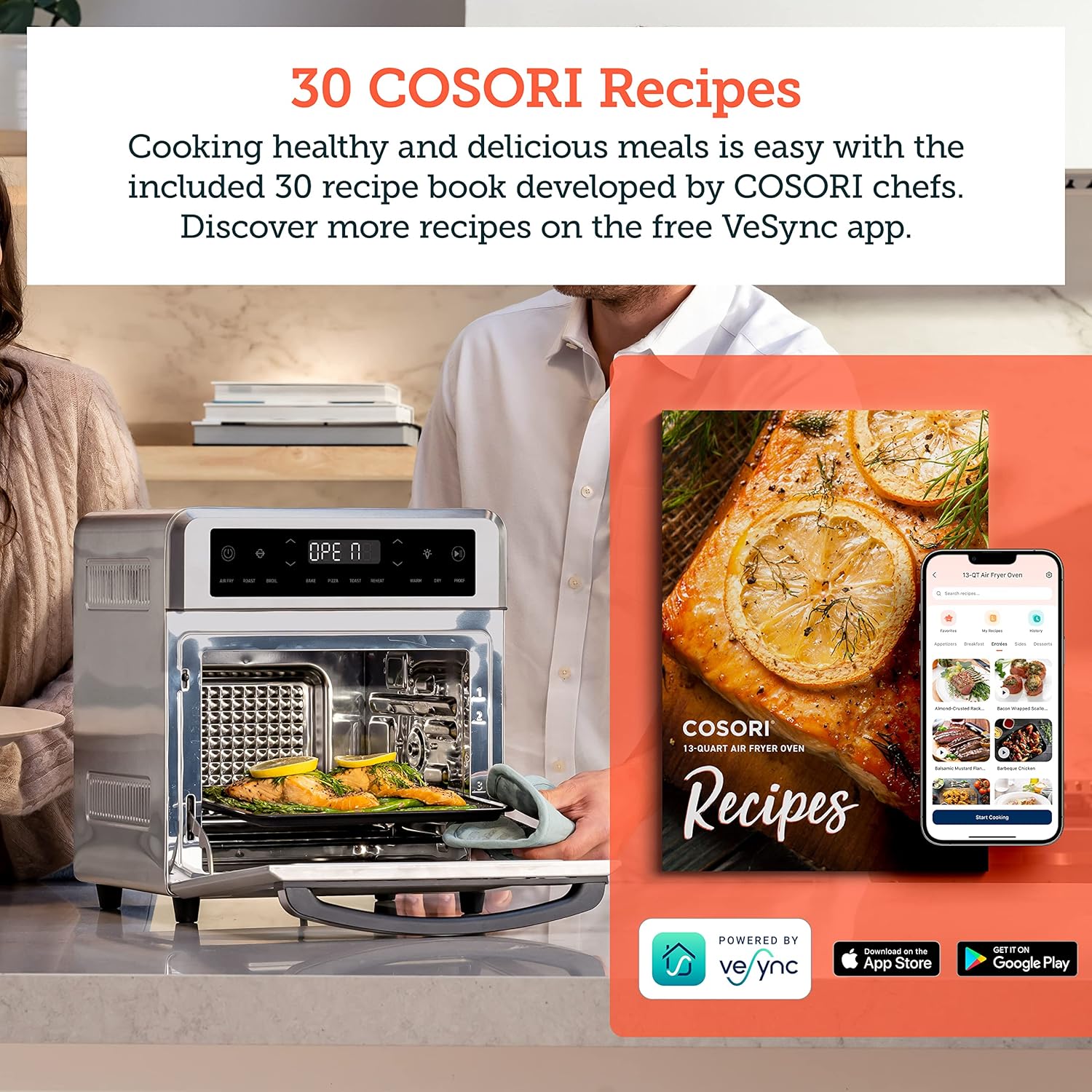 COSORI Air Fryer Toaster Oven, 13 Qt Fits 4 lbs Chicken, 11-in-1 Functions for Small Kitchen Countertop, with Rotisserie, Dehydrate, Bake, Roast, Reheat, In APP Recipes & 6 Accessories, Silver