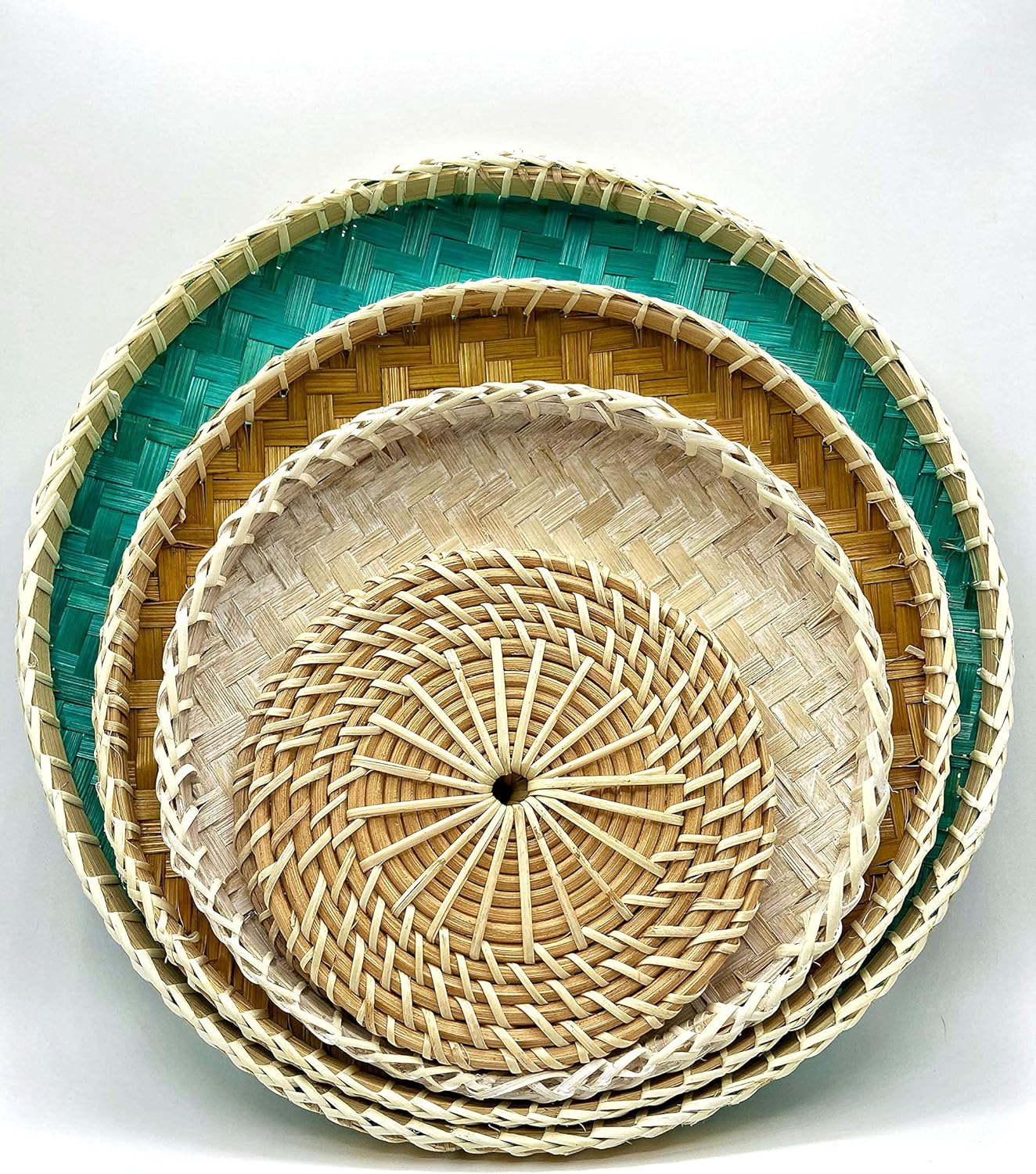 Wicker Wall Decor - Bamboo Wall Basket Decor Boho Flat - Woven Basket Wall Decor Set of 5 - Flat Baskets for Wall - Wicker Wall Hanging Serving Tray Pack of 2
