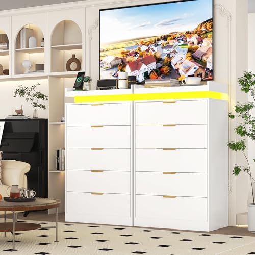 White Dresser with LED Lights, Wooden LED Dresser, 4 Drawer Chest with Charging Station, Tall Chest of Drawer Closet Organizer for Bedroom, Living Room, Entryway, Hallway