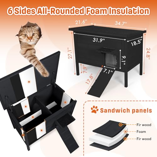 BRIOPAWS Outdoor-Cat-House-Insulated | Feral-Cat-Shelter for Winter | Weatherproof | Large Wooden Pet House for Multiple Cats | Foldable Ladder | Acrylic Side Window | Grey