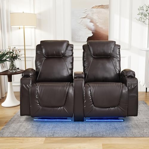 Power Loveseat Recliner Chair, Electric Home Theater Seating with Storage Armrest, Wall Hugger RV Double Reclining Sofa Chairs with Outlet/LED Light/Cup Holder for Living room (Brown)