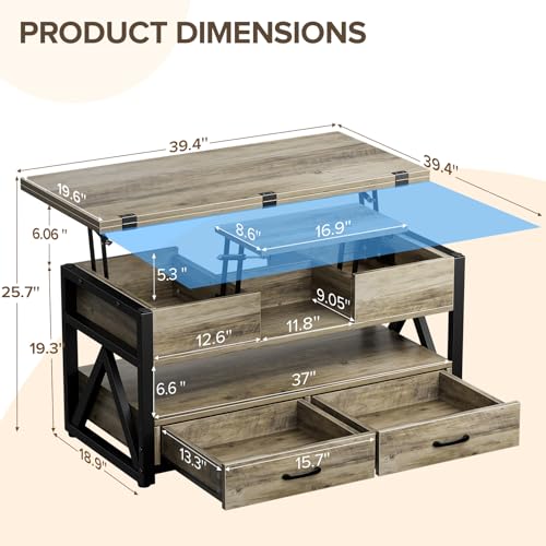 40" Lift Top Coffee Table,4 in 1 Multi-Function Lift Coffee Tables with Storage Drawers and Hidden Compartmen,Farmhouse Coffee Table with Lifting top for Living Room,Black