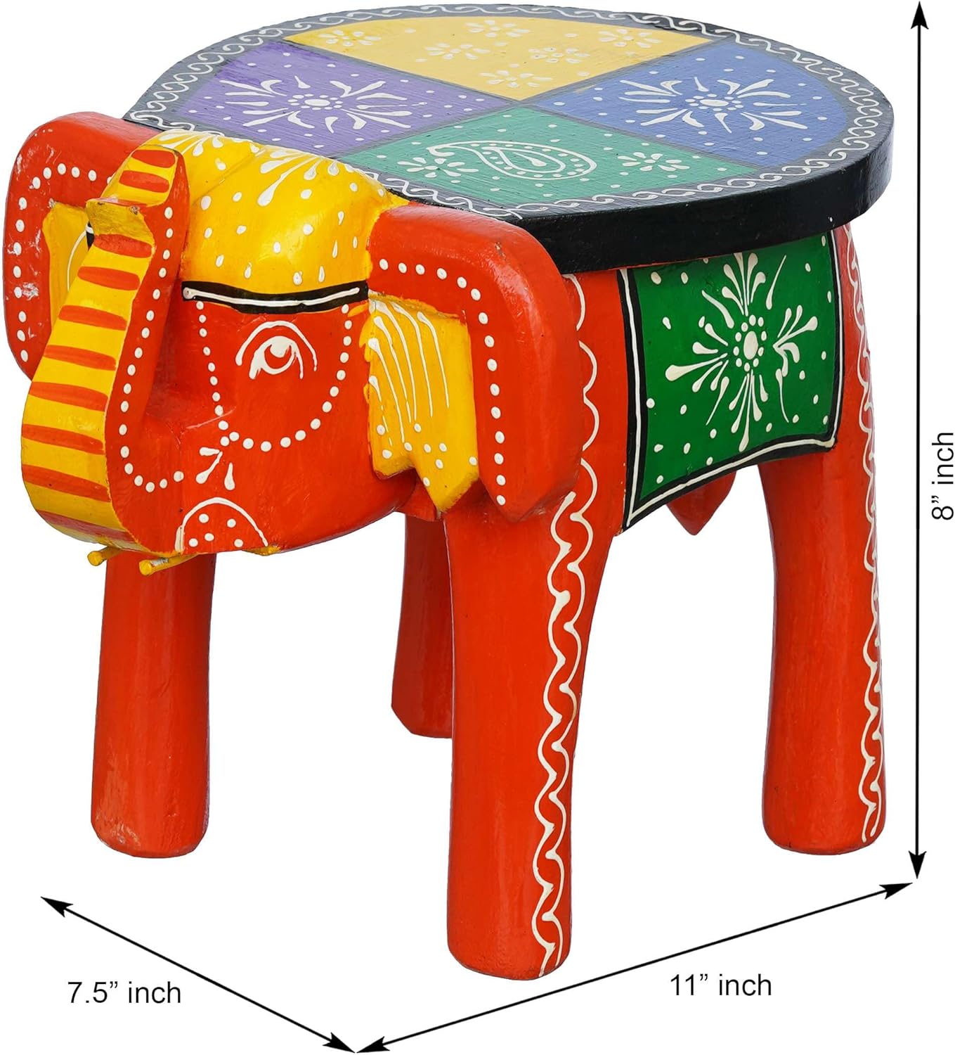 Aashvi Craft Handcrafted and Emboss Painted Colorful Wooden Elephant Shape Stool Table Clourfull -05, Medium