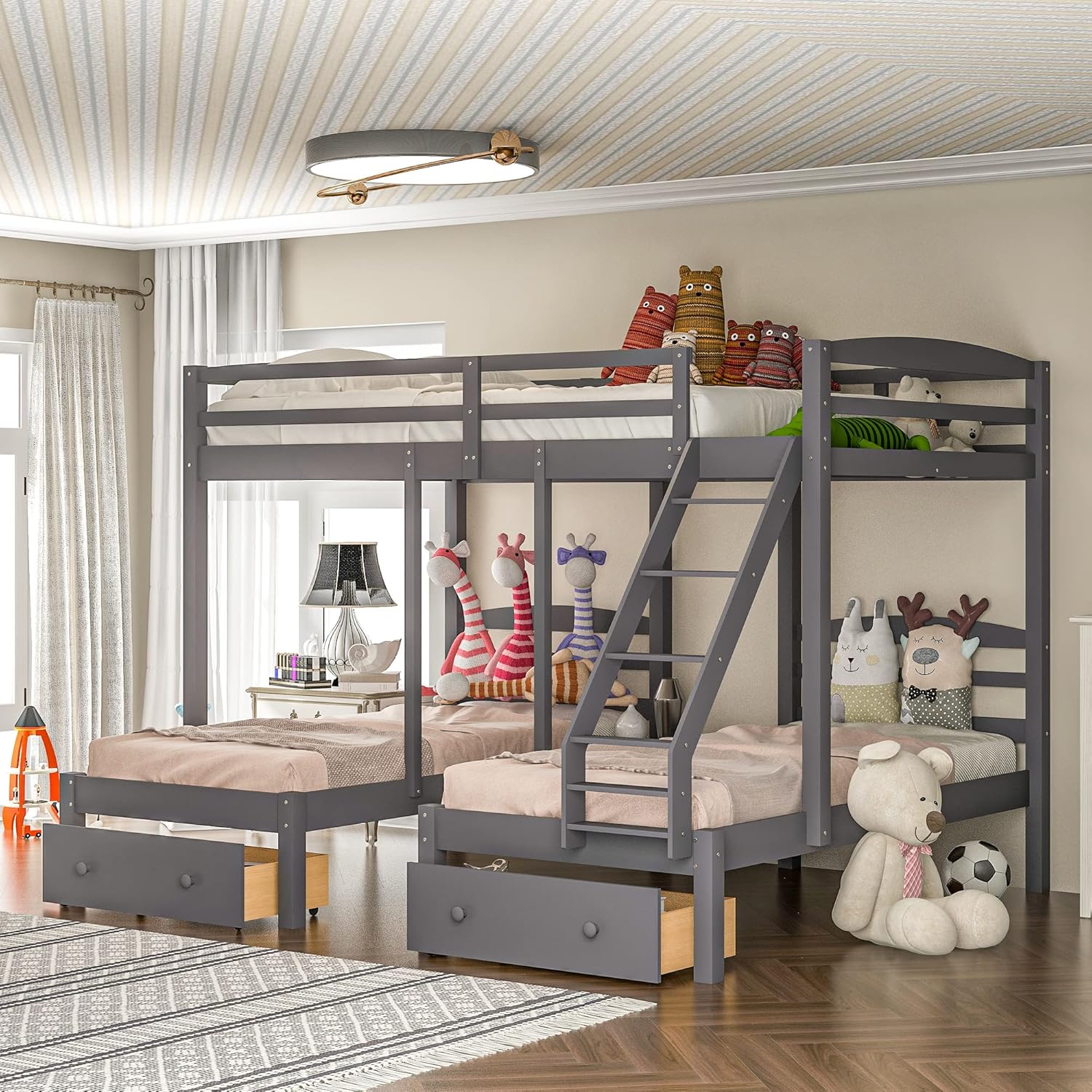 Harper & Bright Designs Full Over Twin Triple Bunk Bed with Storage Drawers,Full Over Twin & Twin Bunk Beds with Ladders,Solid Wood Bunk Bed Frame with Guardrails for Kids Teens Aldults(Grey)