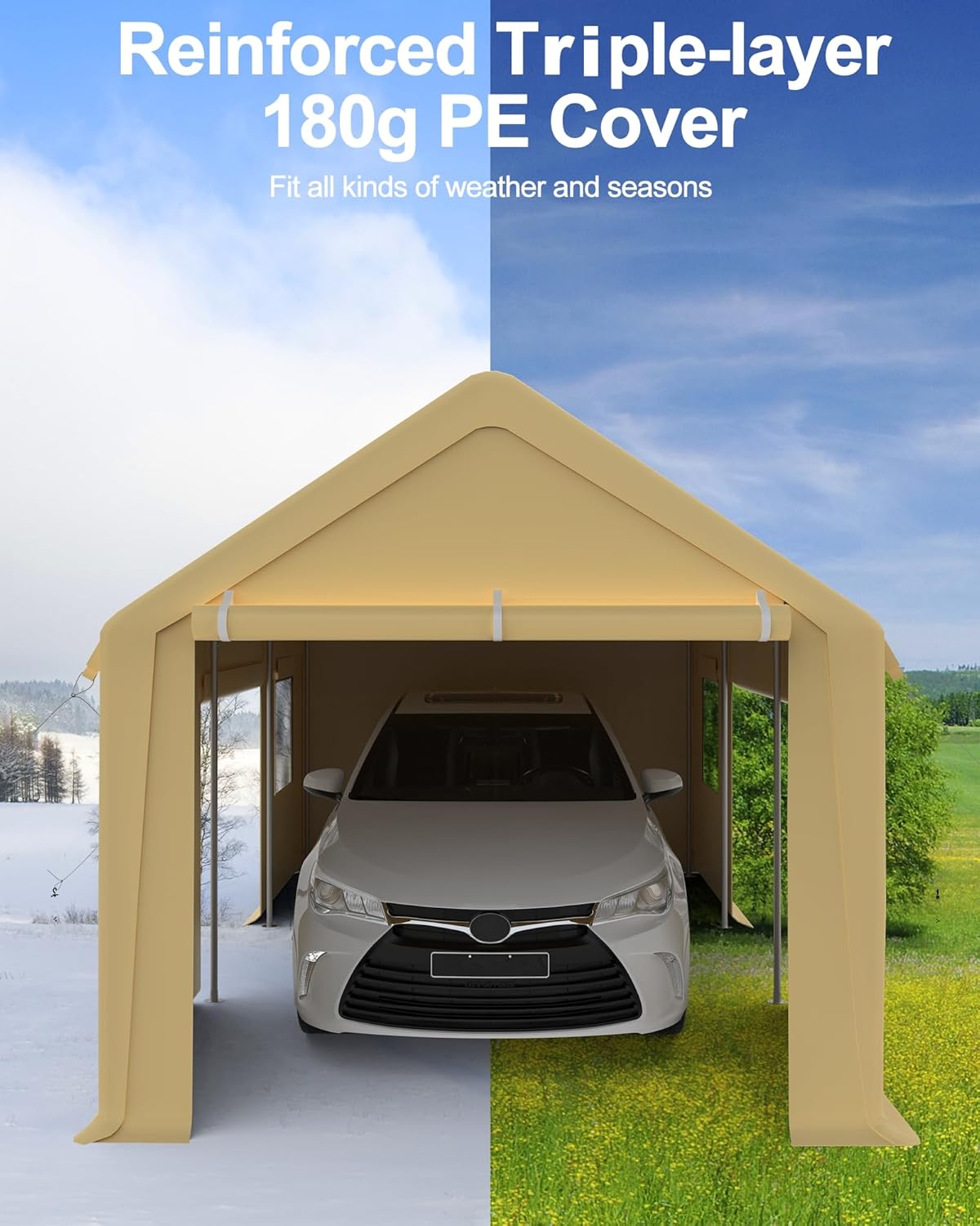 Carport 10'x20' Portable Garage, Reinforced Steel Poles, Heavy Duty Carport Canopy, 4 Roll-up Doors & 4 Mesh Windows, for Pickup, Boat, and Equipment, Yellow