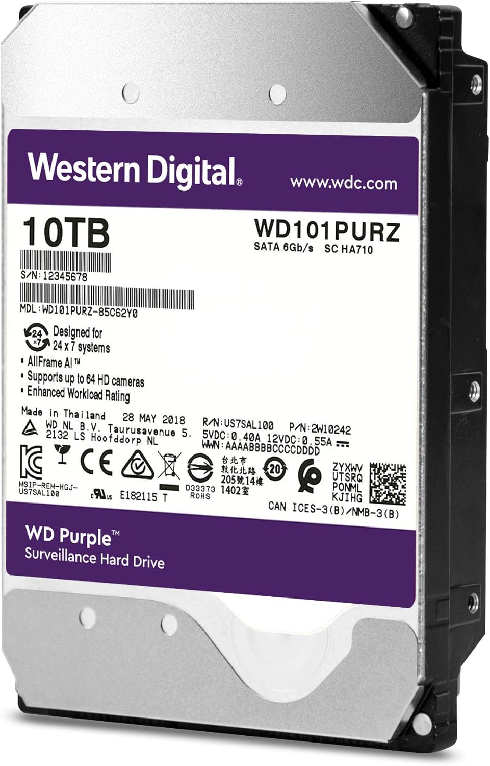 Western Digital 10TB WD Purple Surveillance Internal Hard Drive - SATA 6 Gb/s, , 256 MB Cache, 3.5" - WD101PURZ (Old Version)