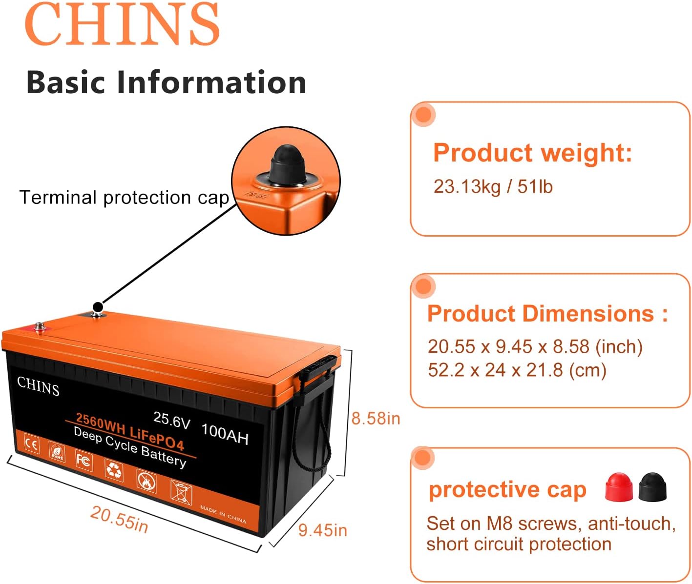 CHINS LiFePO4 Battery 24V 200Ah Lithium Battery - Built-in 200A BMS, 2000+ Cycles, Each battery Can Support 5120W Power Output, Perfect for RV, Home Storage and Off-Grid
