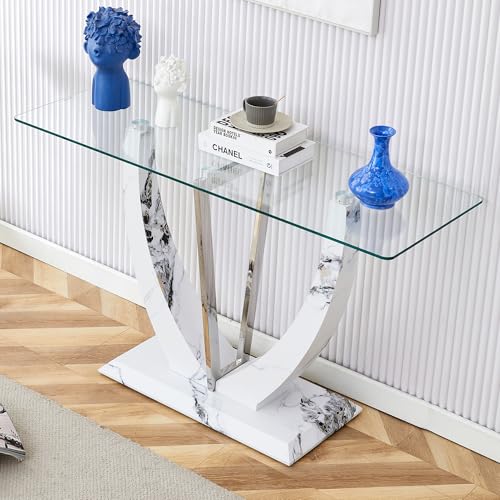 Glass Console Entryway Table, 50 inch Clear Glass Narrow Long Sofa Table, Modern Accent Table for Living Room, Entrance Table with Wood Grain U-shape Base and Metal Frame