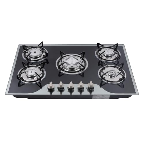 30" Gas Cooktop LPG/NG, 5 Burners Gas Stove Gas Hob Stovetop, Built-in Gas Stove Top, Thermocouple Protection, Stainless Steel Gas Hob with Power Boil, Simmer, Continuous Grates