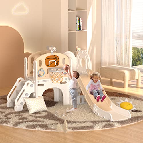 XJD 8 in 1 Toddler Slide Set, Kids Slide for Toddlers Age 1+, Toddler Climber Slide PlaySet with Basketball Hoop and Ball,Outdoor Indoor Playground for Toddlers 1-3 (Blue Gley, 8 in 1)