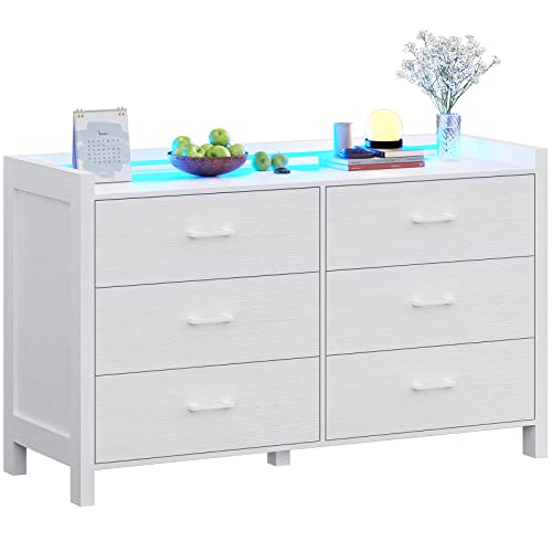 Dresser for Bedroom, 6 Drawer Double Dresser with LED Lights, Wood Chest of Drawers, Modern Storage Dresser for Bedroom, White (NSL02N)