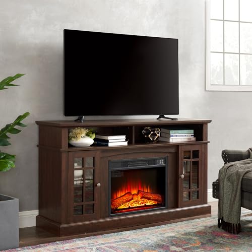 Farmhouse TV Stand with Electric Fireplace, Classic Electric Fireplace TV Cabinet Modern Entertainment Console with 23" Fireplace Insert for TV Up to 65" with Storage Space, Dark Grey