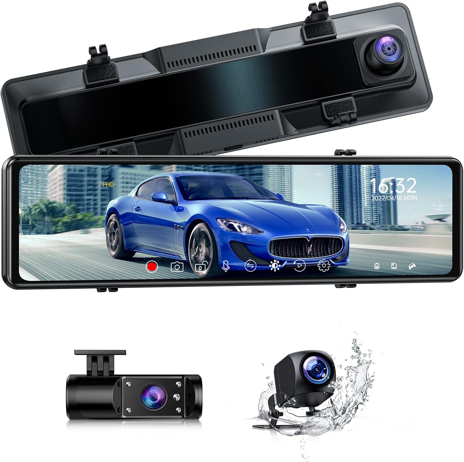 Triple Mirror Dash Cam Front and Rear 10" Waterproof Backup Rear View Three Channel Camera 1080P IPS Touch Screen Cabin Car Camera IR Night Vision Parking Assistance