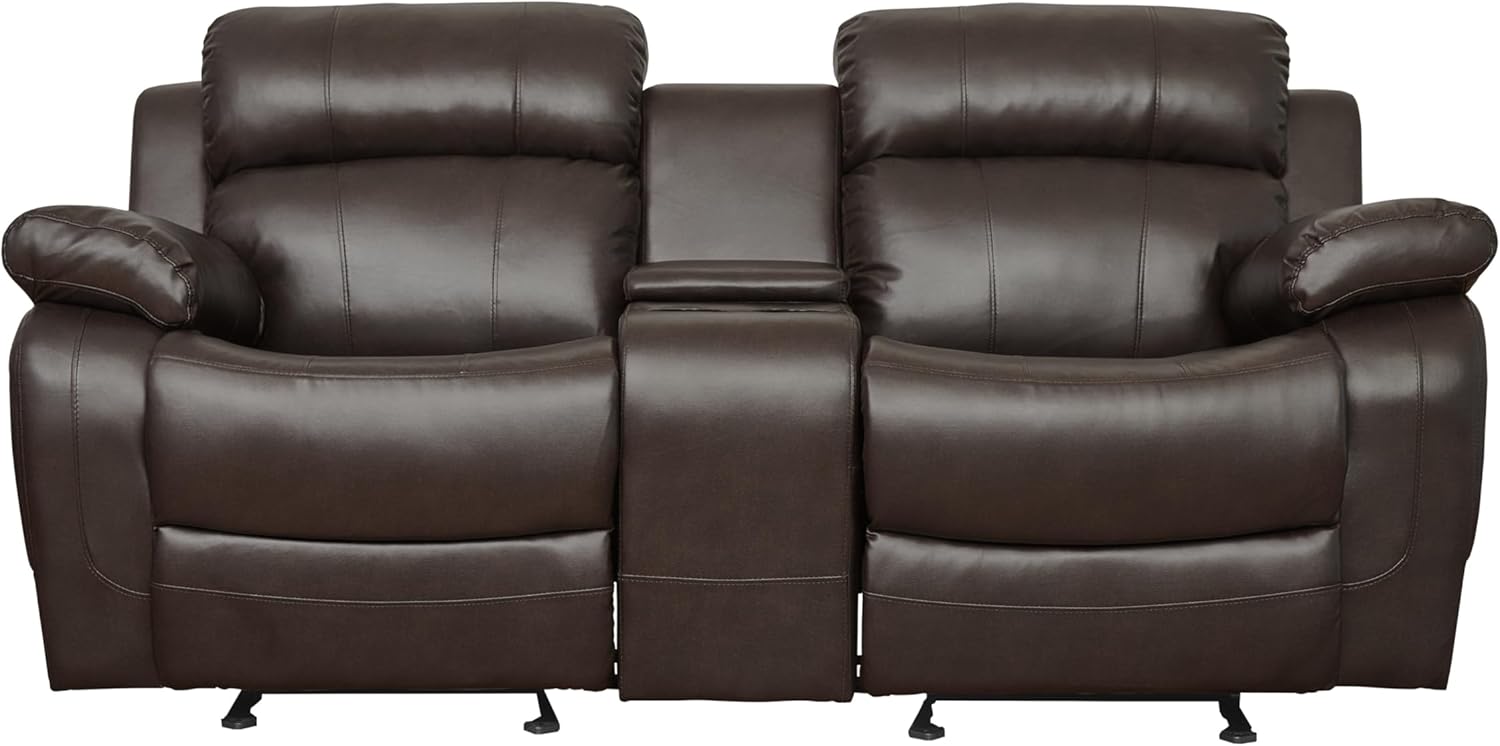 Double Glider Reclining Love Seat with Center Console Brown Faux Leather Upholstered Contemporary Living Room Furniture