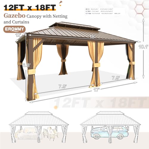 EROMMY 14'x20' Hardtop Gazebo Double Roof Galvanized Steel Canopy Outdoor Aluminum Frame Permanent Metal Pavilion with Netting and Curtains for Patio Backyard Deck and Lawns