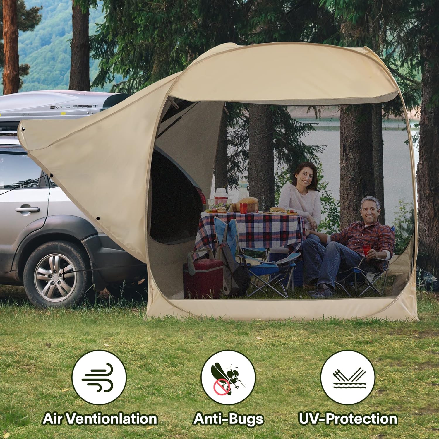 EighteenTek Truck Tent SUV Car Tent Pop Up Camping Outdoor Travel Screen House Room Shelter Mesh Walls Attachment for 4-6 Person 7’x7’x7.2’H