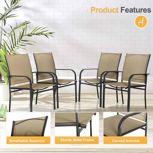 Outdoor Wrought Iron Dining Chairs Set of 4, Patio Textilene Dining Chair with High Backrest, Metal Frame Furniture Chairs with Armrests for Deck, Yard, Backyard, Lawn, Poolside (Dark Blue)