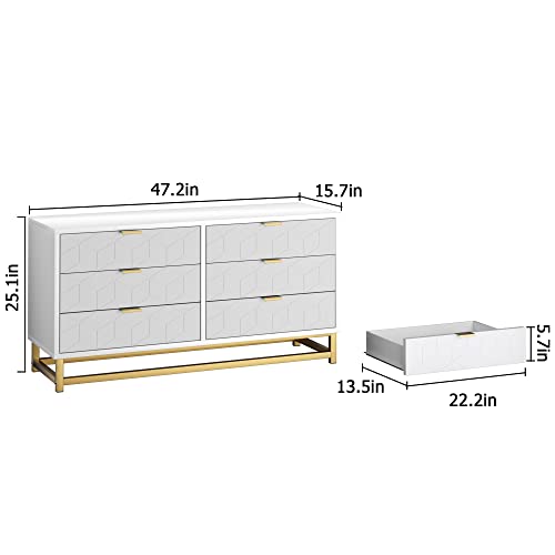 Senfot White 6 Drawer Dresser for Bedroom, Modern Dressers & Chests of Drawers, Wood Dresser Chest Organizer with Metal Legs, Large Drawers for Bedroom, Hallway