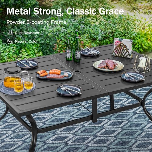 PHI VILLA 7 Pieces Outdoor Dining Set for 6, Rectangular Black Steel Dining Table with Fixed and Swivel Iron Chairs, Large Dining Furniture Set with Cushions for Patio, Deck, Porch, Backyard