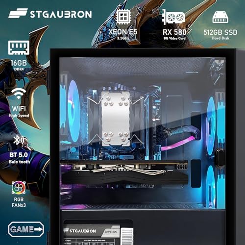 STGAubron Gaming PC Desktop Computer, Intel Core I7 up to 3.9 GHz, Radeon RX 580 8G, 16G RAM, 512G SSD, WiFi, Bluetooth 5.0, RGB Fan x6, RGB BT Sound Bar, Windows 10 Home