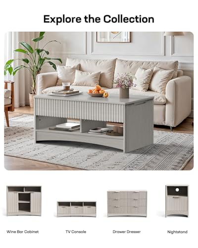 Marsail Lift Top Coffee Table with Open & Hidden Storage, Modern Fluted Coffee Table with Smooth Lift Mechanism, Sturdy Space-Saving Center Table for Home Living Room, Office, Natural Oak