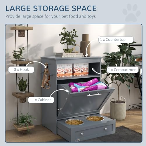 PawHut Pet Feeder Station Storage Cabinet, Dog Food Storage Container with Dog Raised Bowls and Hanger for Feeding & Watering Supplies, White