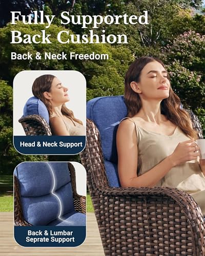 Luxury Patio Furniture Set with 6-inch Thick Cushion, Outdoor Couch and High Back Swivel Rocker Patio Chairs, 7PCS Wicker Conversation Set for Deck, Yard, and Poolside in Blue (V2)