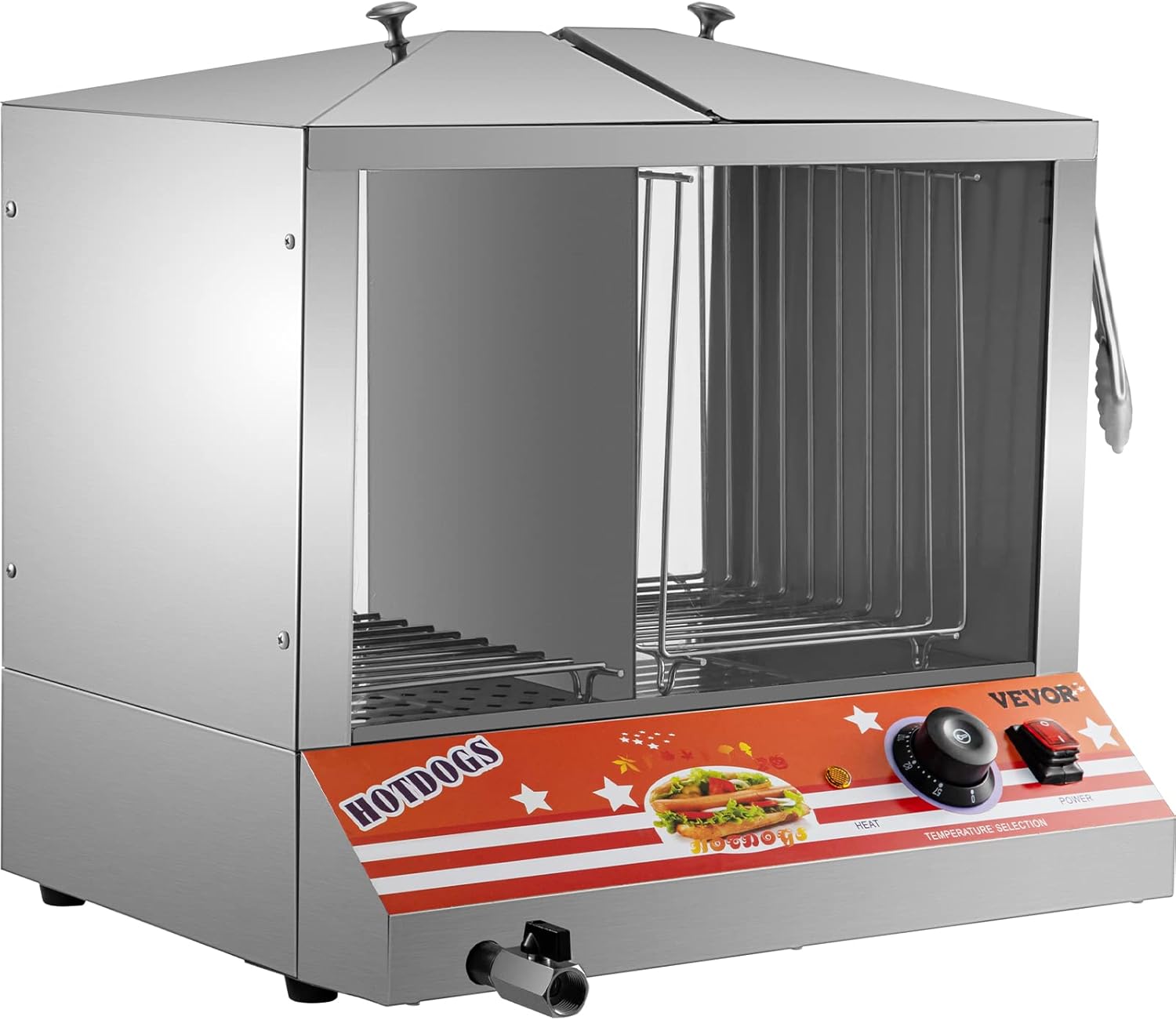 VEVOR Hot Dog Steamer, 36L/32.69Qt, Top Load Hut Steamer for 100 Hot Dogs & 48 Buns, Electric Bun Warmer Cooker with Acrylic Windows Partition Plate Shelves Food Clip PTFE Tape, Stainless Steel