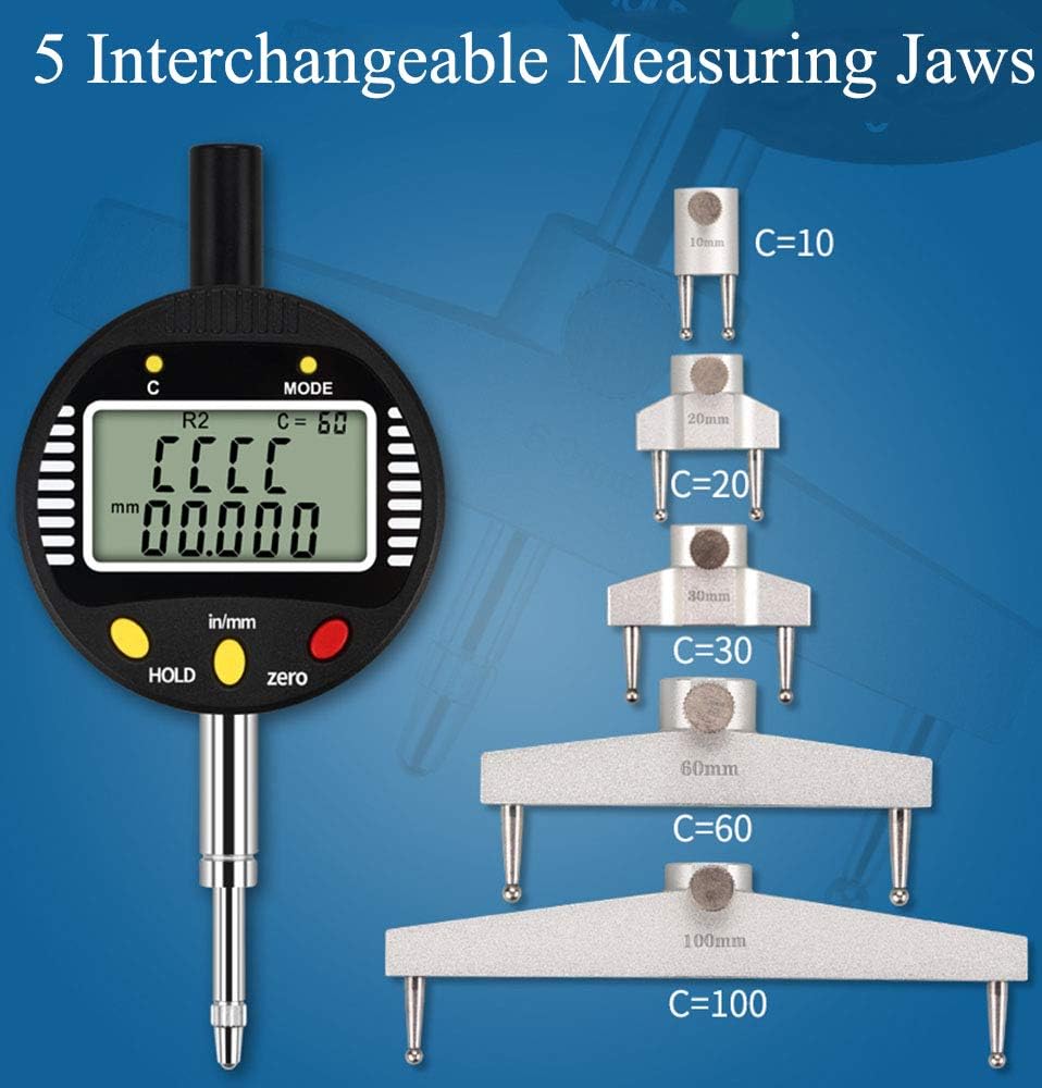 CGOLDENWALL High accuracy digital radius gauge digital radius indicator Measurement Tool with 10mm /20mm /30mm /60mm/100mm changeable measuring jaw Black