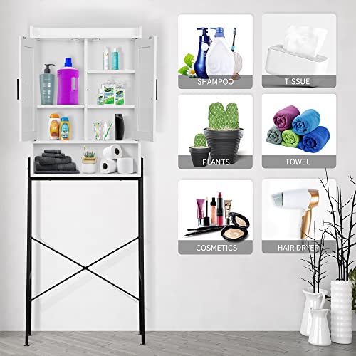 Over The Toilet Storage Cabinet, Wooden Space-Saving Bathroom Organizer Shelf Over Toilet Storage Rack with Double Door and Adjustable Feet