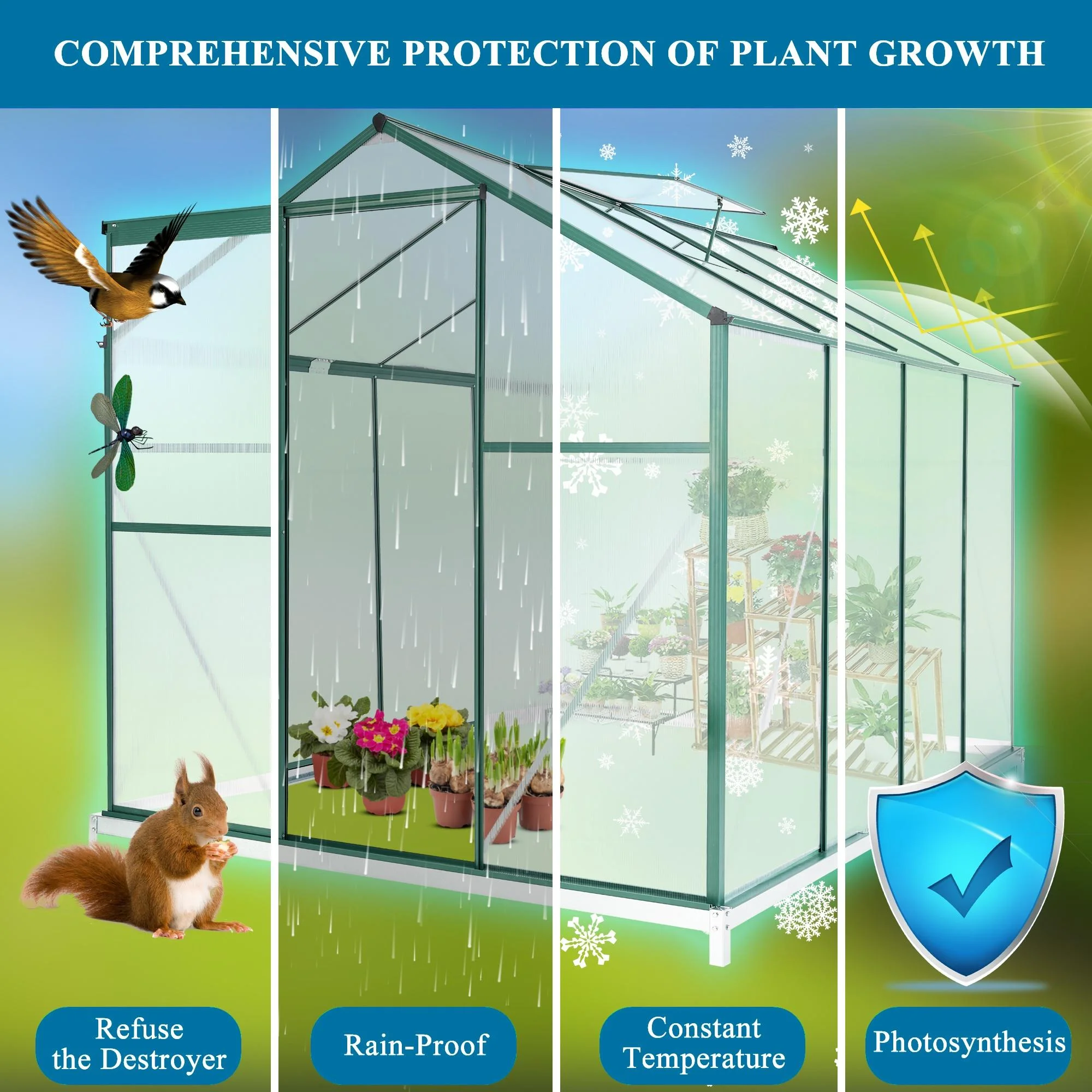 Outdoor Greenhouse Kit, Seizeen Polycarbonate Walk in Green house w/Aluminum Farm, Heavy Duty Garden Greenhouse with Window & Sliding Door, 8x6FT Large Size