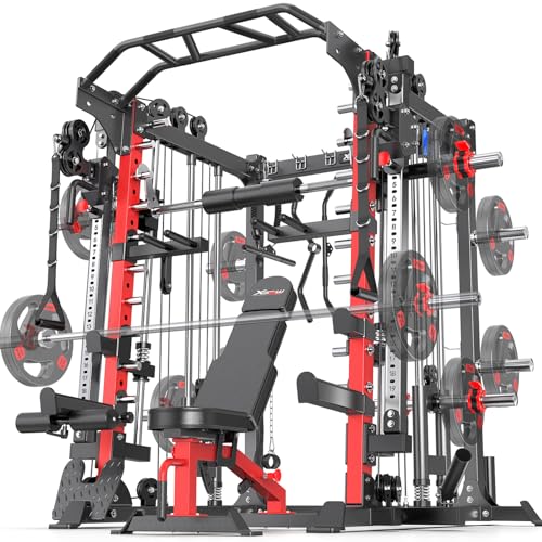 L05/07 Smith Machine，Multi-Function Squat Rack Power Cage with Cable Crossover System,with Weight Bench, Olympic Barbell Weight Set, for Home Gym