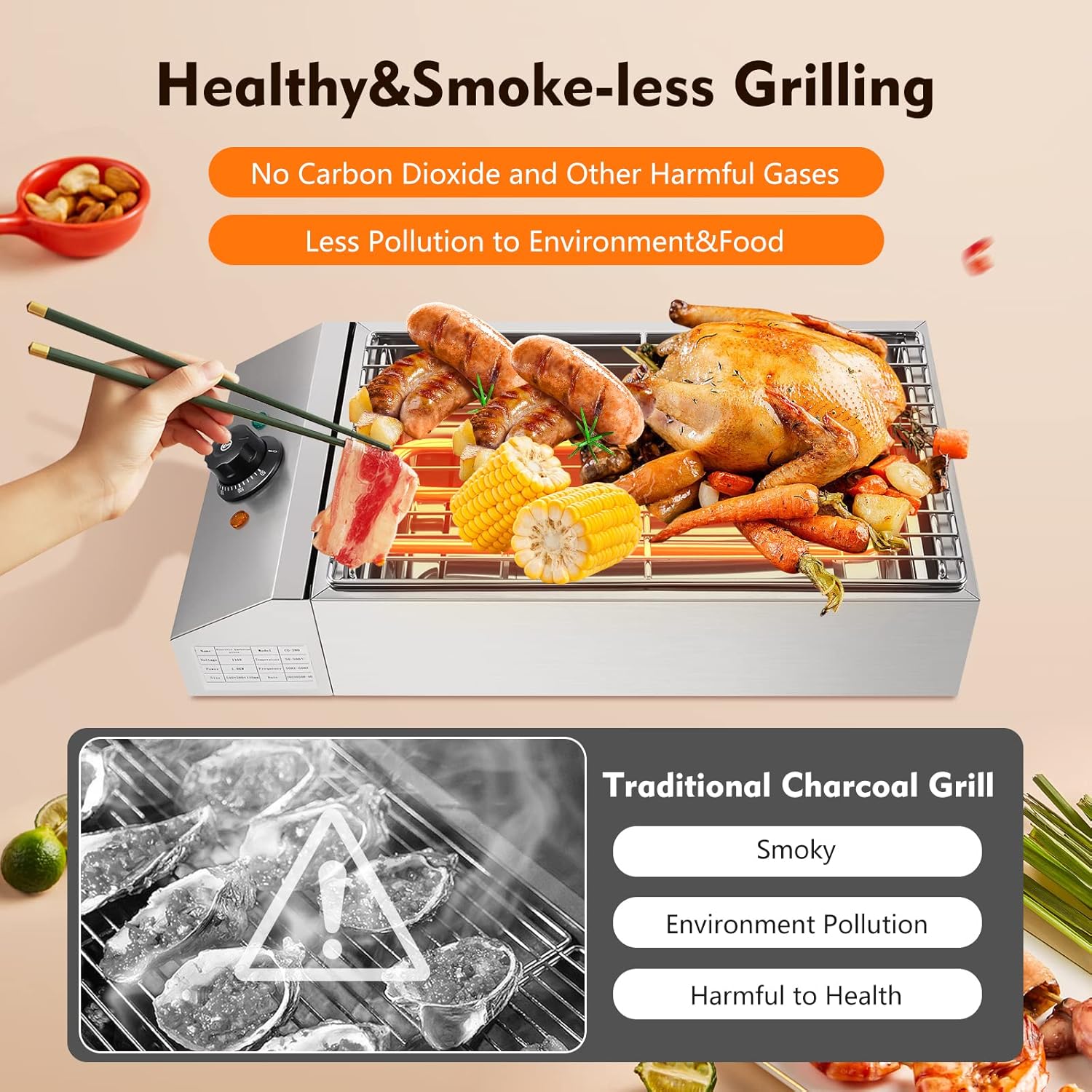 Indoor & Outdoor Electric Grill Searing Grill with Adjustable Temperature Control 572°F, 110V 1800W Electric BBQ Grill, Nonstick Cooking Surface, Dishwasher Safe Removable Grill & Grease Catcher Tray