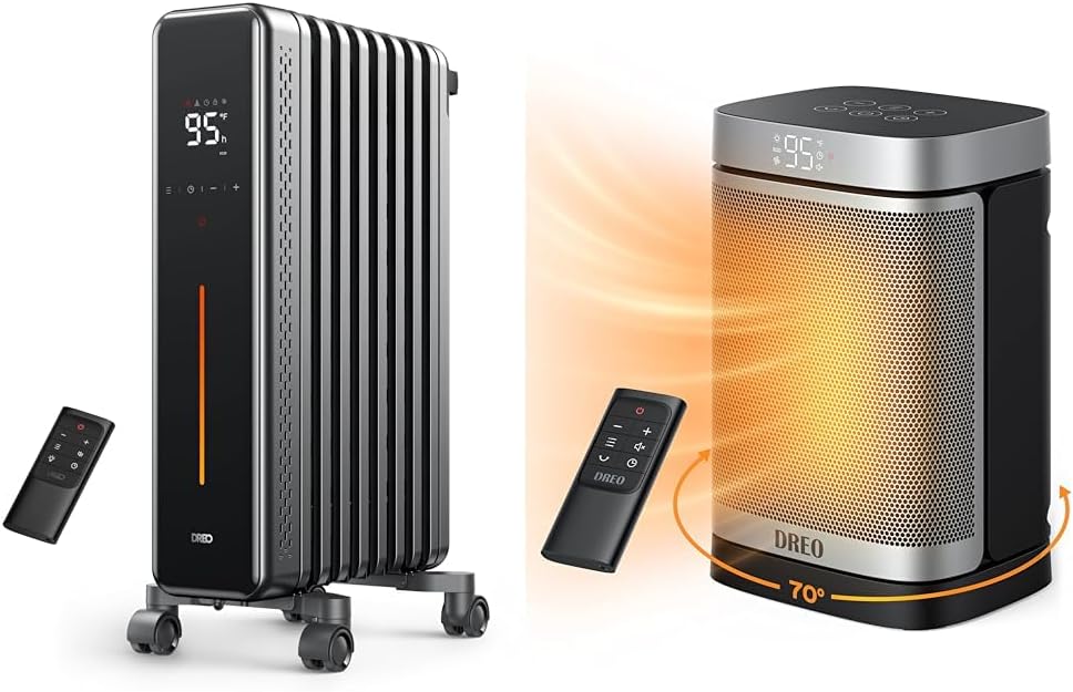 Dreo Radiator Heater, 1500W Portable Space Oil Filled with Remote Control & Space Heater Indoor, 1500W Portable Heaters with Remote, PTC Ceramic Electric Heater