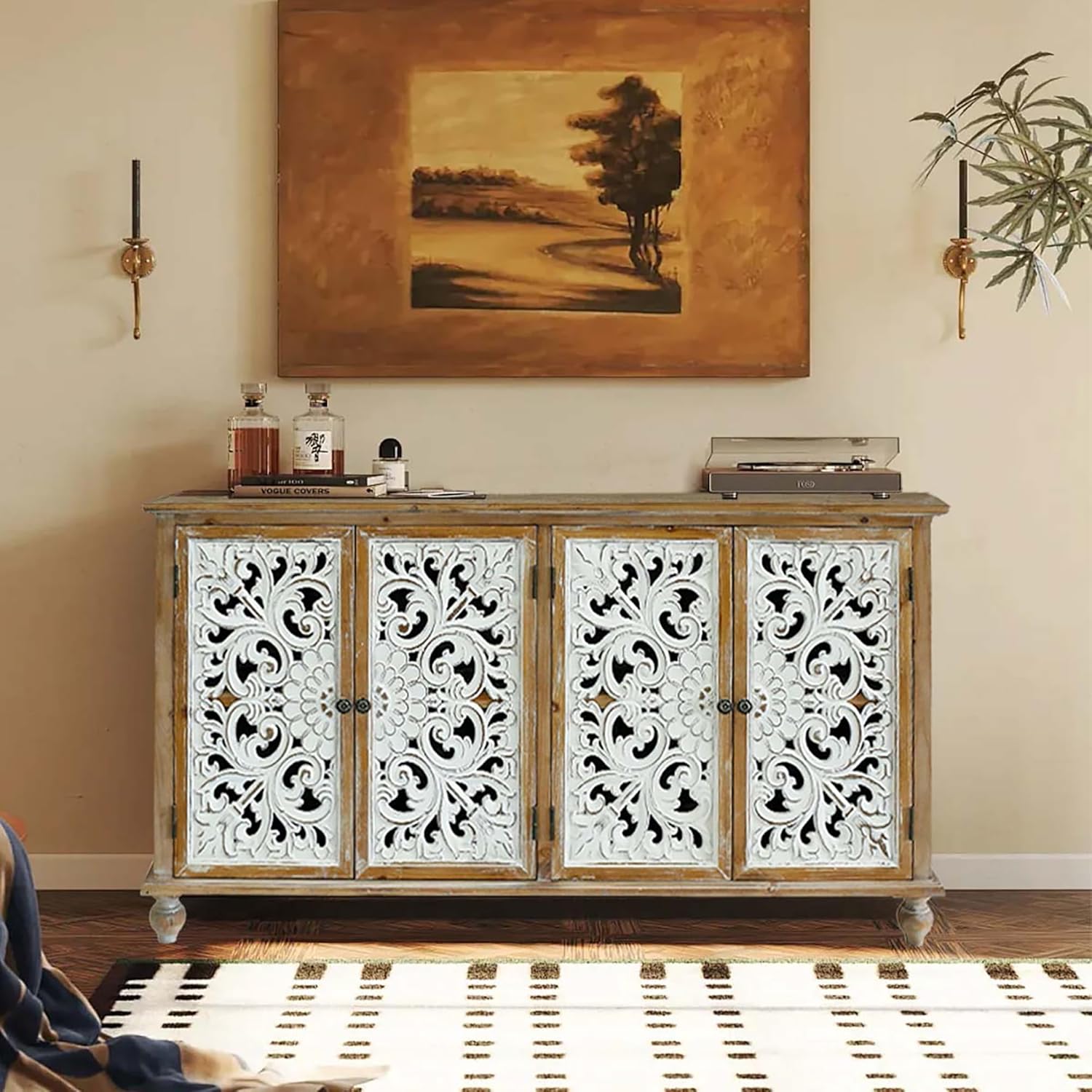Dolonm Accent Cabinet with 4 Doors, Farmhouse Sideboard Buffet Cabinet with Storage, Modern Storage Cabinet with Wood Carved Floral Doors for Living Room, Dining Room, Entryway, Hallway, Kitchen