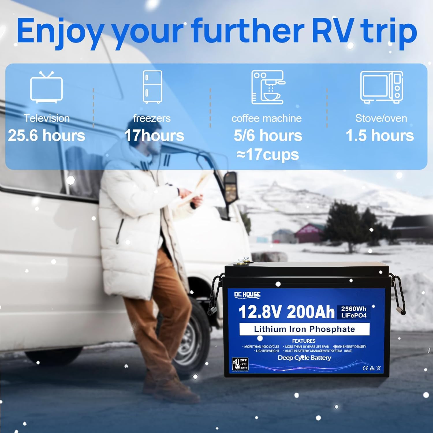 DC HOUSE 12V 200Ah Lithium LiFePO4 Deep Cycle Battery, Low Temp Cut Off, with 2560Wh Energy Max. Built-in 200A BMS for RV, Solar, Home Energy Storage, Marine Trolling Motor, Boat, Golf Carts