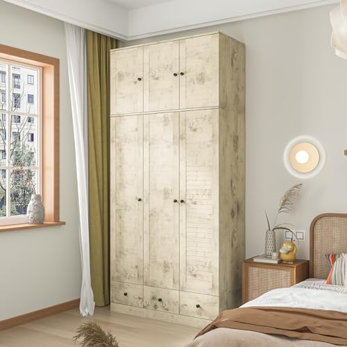 ECACAD Large Wardrobe Armoire with Multi-Tier Shelves, 3 Drawers, Hanging Rod & 3 Louver Doors, Wooden Closet Storage Cabinet for Bedroom, Light Brown (44.3”W x 19”D x 70.9”H)