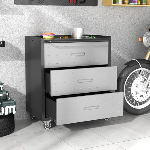 Metal Storage Cabinet with Wheels, Lockable Garage Cabinet with Doors and Shelves, Rolling Tool Storage, Assembly Required, Black