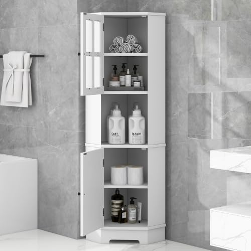 Tall Corner Cabinet,Free Standing Corner Storage Cabinet with Adjustable Shelves and Doors,Open Storage for Bathroom Kitchen Living Room White