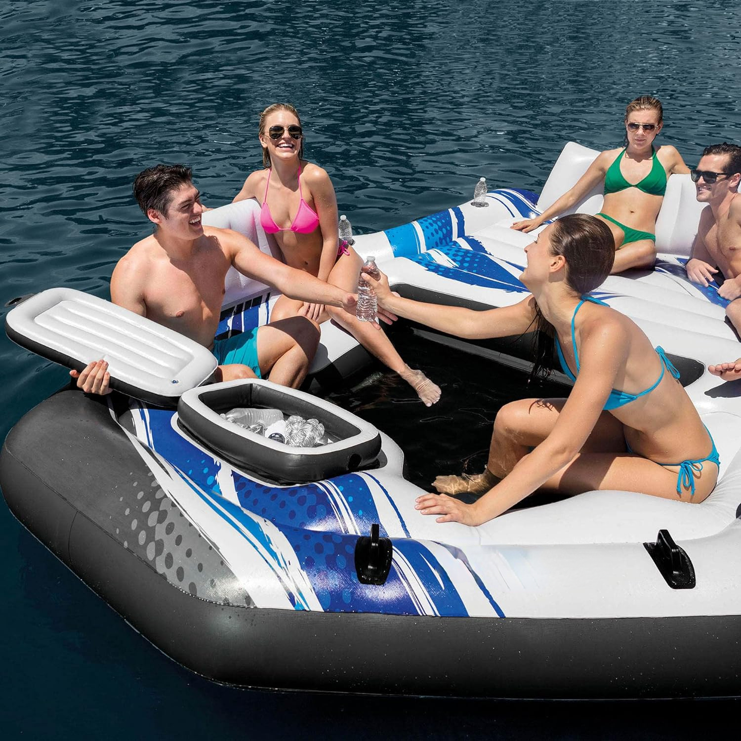Blue Tropic Inflatable 5 Person Raft or Swimming Pool Island Water Floating Lounger Raft with Backrests, Built in Cooler, and 4 Cupholders