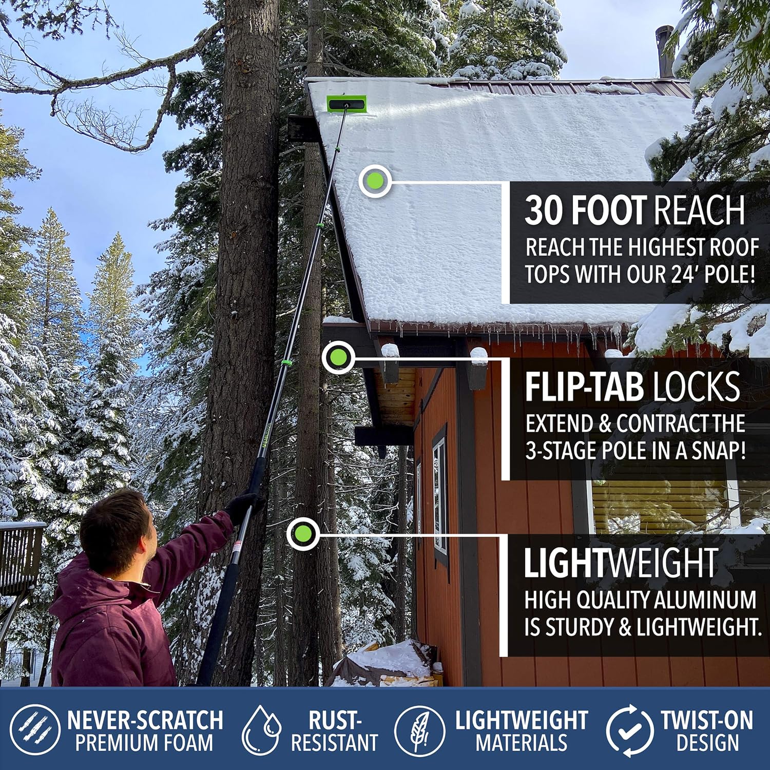 EVERSPROUT Never-Scratch SnowBuster 7-to-24 Foot (Up to 30 Ft Standing Reach) | Pre-Assembled Extendable Roof Rake for Snow Removal | Heavy-Duty Aluminum, Soft Foam Pad | Exclusive Push/Pull Design