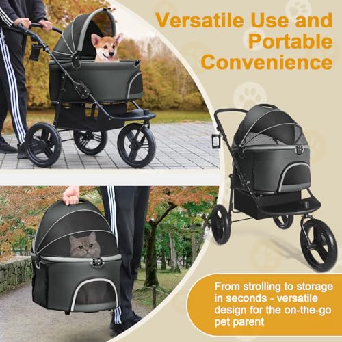 Dog Stroller for Small Medium Dogs, 3 in 1 Pet Stroller for Cats and Dogs, 3 Wheels Jogging Stroller with Removable Carrier, All Terrain Stroller with Storage Basket and Cup Holder (Black)