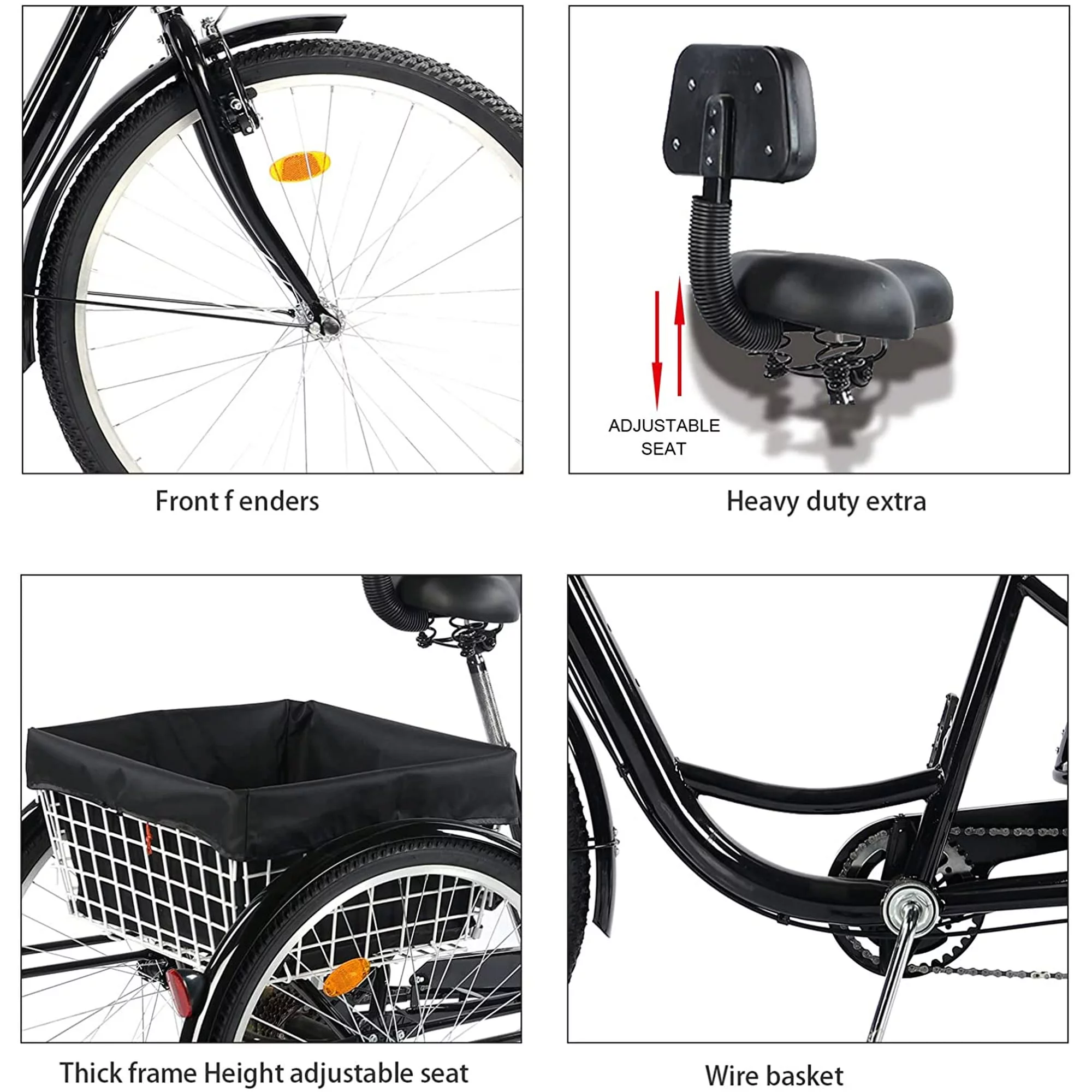 PRIJESSE 26 Inch  Adults Tricycle 7-Speed for Shopping and Travel with basket Multifunctional and Practical 3-Wheel Bike (Black)