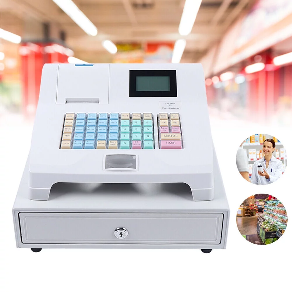 ZhdnBhnos Commercial Electronic Cash Register 48 Keys POS System Casher Digital LED Display W/ Drawer For Supermarket Restaurant Bar Shop Store Retail