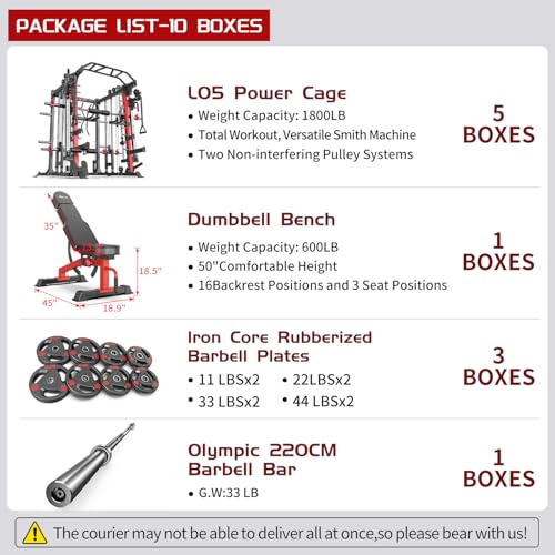 L05/07 Smith Machine，Multi-Function Squat Rack Power Cage with Cable Crossover System,with Weight Bench, Olympic Barbell Weight Set, for Home Gym
