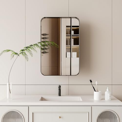 Recessed Metal Framed Medicine Cabinet with Mirror and Adjustable Shelves - Wall Mounted Storage Solution for Modern Bathrooms - Elegant and Functional Bathroom Accessory (White)