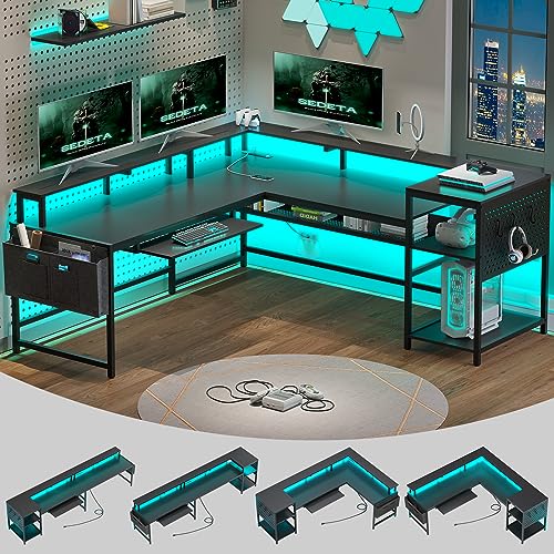 SEDETA L Shaped Gaming Desk, Convertible 96" Home Office Desk or Corner Desk, L Shaped Desk with Power Outlets & LED Strip, Monitor Stand, Keyboard Tray, Pegboard and Storage Shelves, Grey