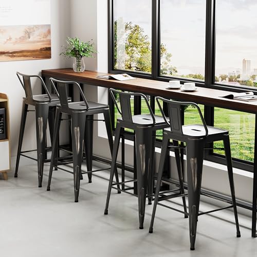 Alunaune 30" Metal Bar Stools Set of 4 Counter Height Barstools Industrial Counter Stool Kitchen Bar Chairs Indoor Outdoor-Low Back, Distressed White