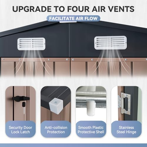 8'x4' Shed Galvanized Steel Storage Sheds with Triple Doors Weatherproof Outdoor Utility Sheds, Dual Lock Lean to Shed with Sloped Roof for Mower, Bike, Generator, Garden Tools (Black)